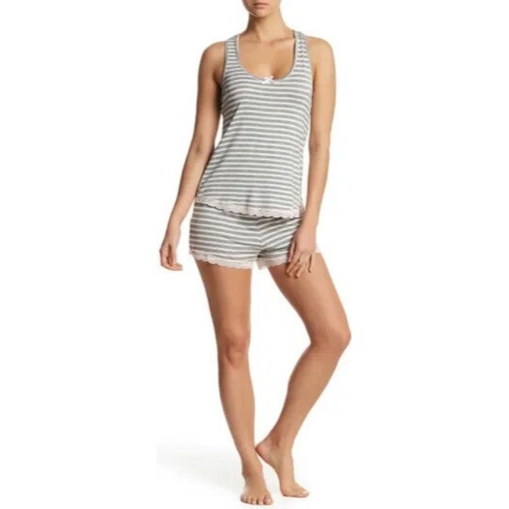 Honeydew NWT Gray Stripe Summer Pajama Set Tank Shorts Stretch Lace Trim